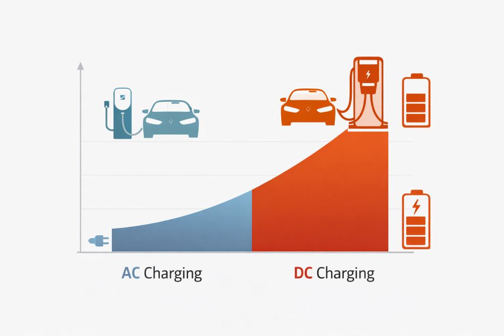رسم بياني يقارن سرعة الشحن بين AC وDC