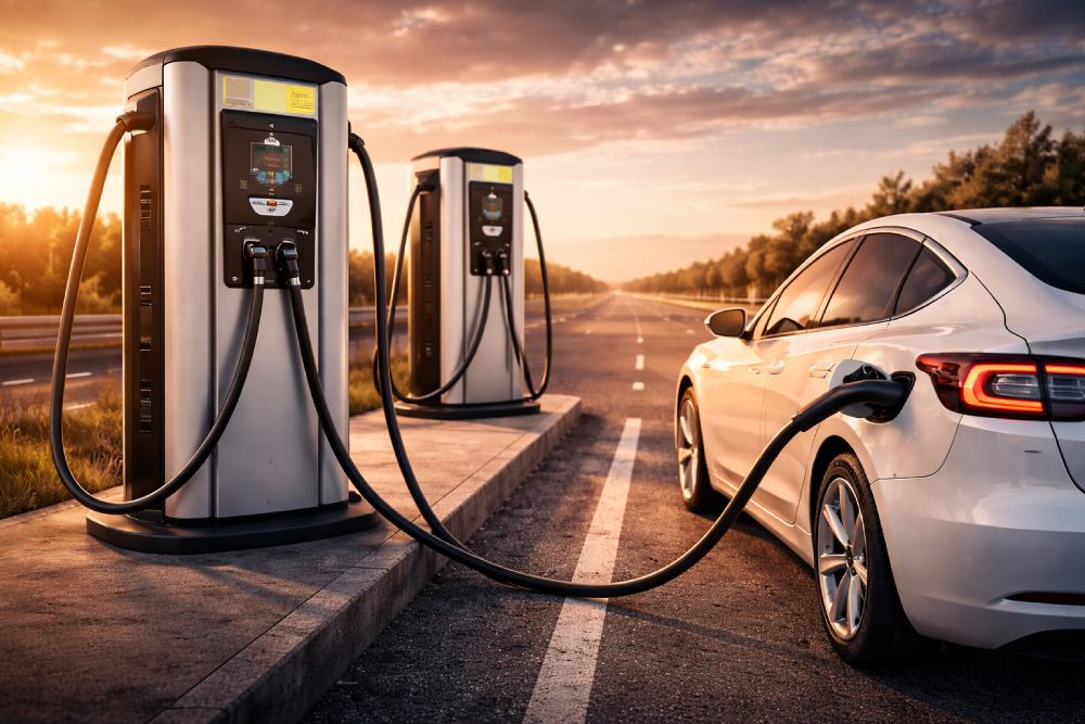 محطة شحن سيارات كهربائية باستخدام التيار المستمر DC على الطريق.